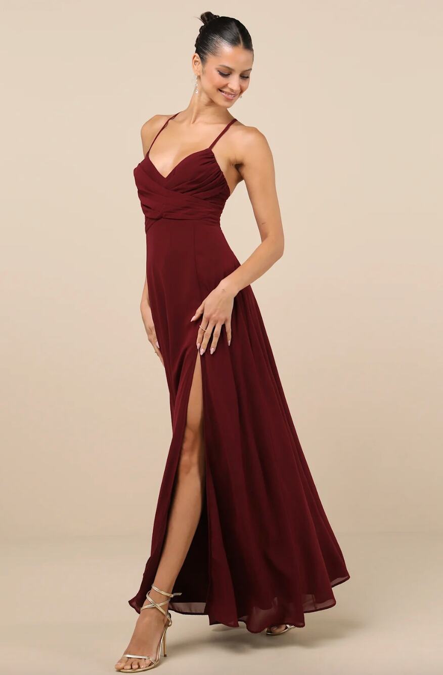 Lulus Event Ready Burgundy Backless Lace-Up Maxi Dress Chiffon Formal Small NWT